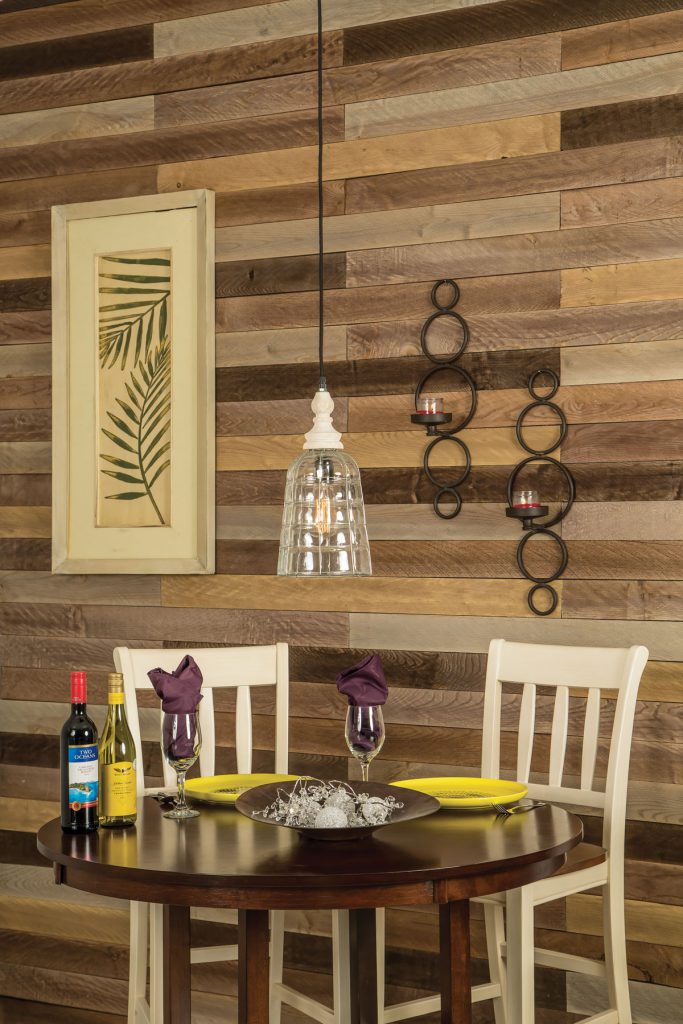 Image of plank wall behind dining set